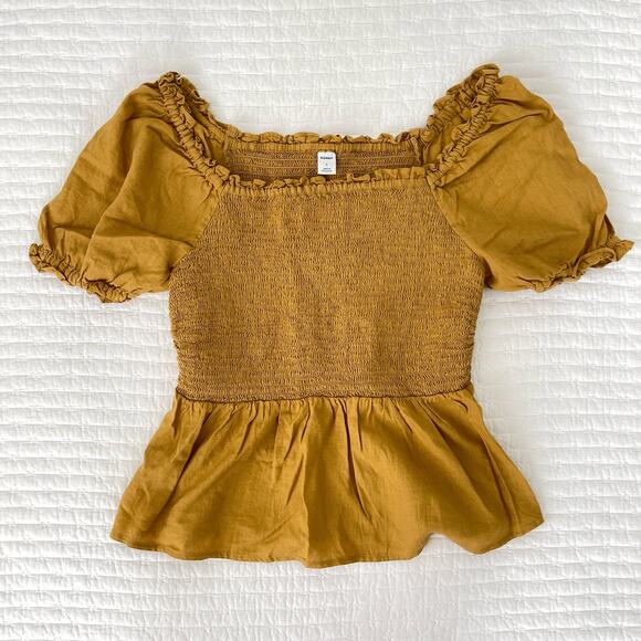 New Old Navy Linen Shirred Puff Sleeve Peplum Blouse in Mustard Size S - Picture 1 of 5